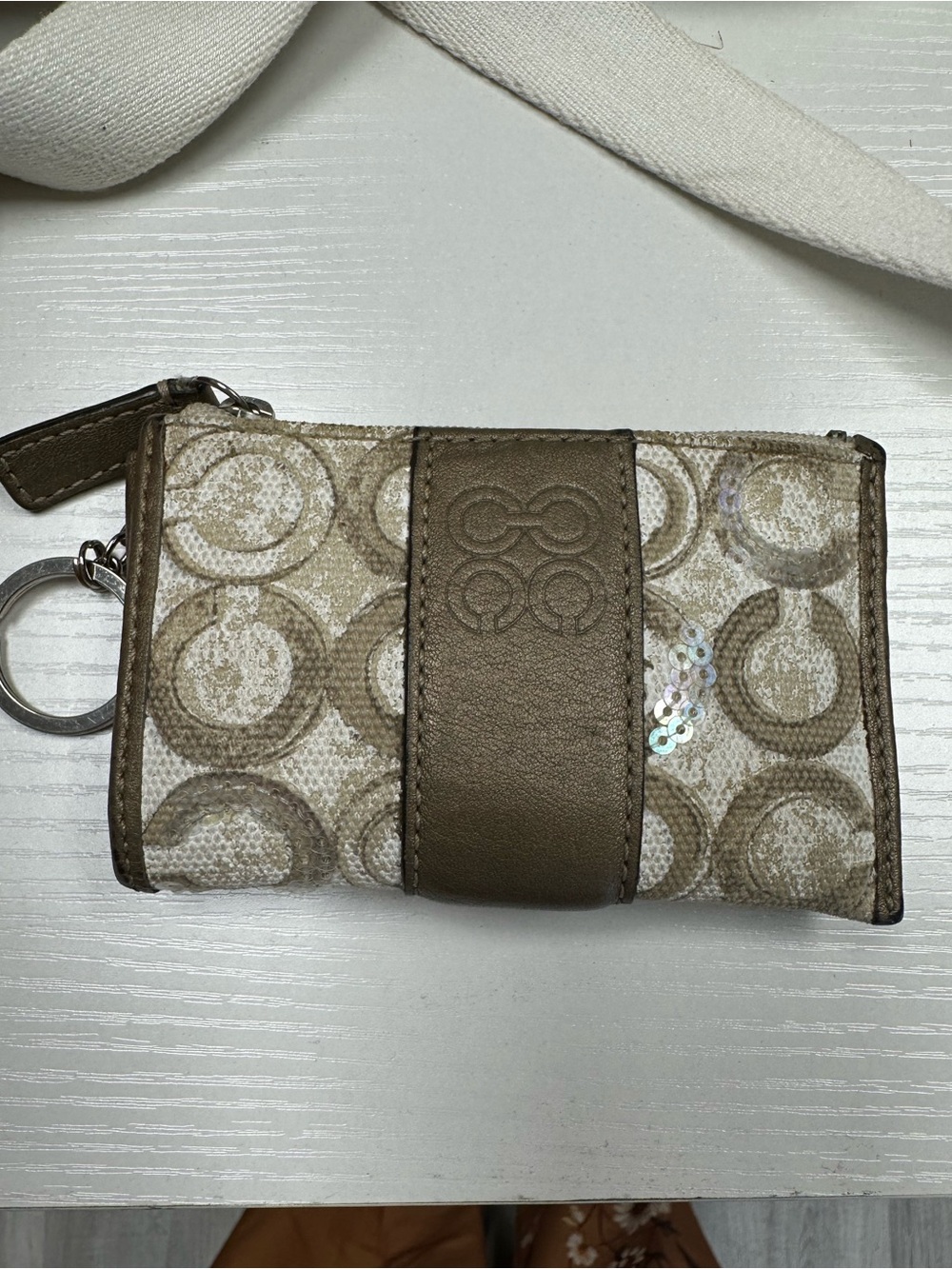 Coach Taupe Signature Canvas Key & Card Holder with Leather Trim